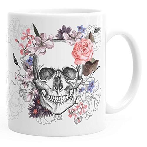 Autiga Kaffee-Tasse Totenkopf Blumen Flower Skull Boho Schädel Teetasse Keramiktasse weiß Kaffeetasse