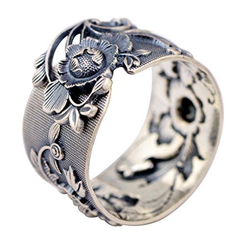 ForFox Damen Schwarz Breit 999 Sterling Silber Orientalische Pfingstrose Blume Ring 15mm Offen und Verstellbar