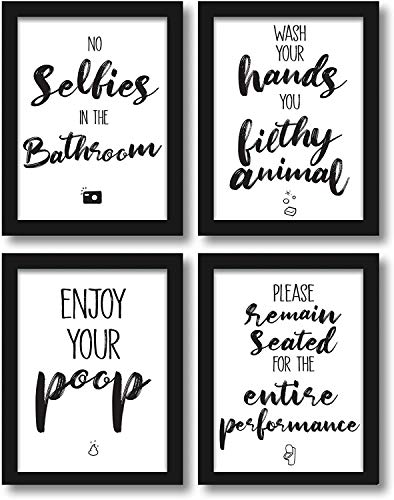 Premium 4er-Set lustige Bad WC Sprüche | Badezimmer Toilette Zitate - Deko Bild | Kunstdruck A4 Poster witzig (mit schwarzen Rahmen)