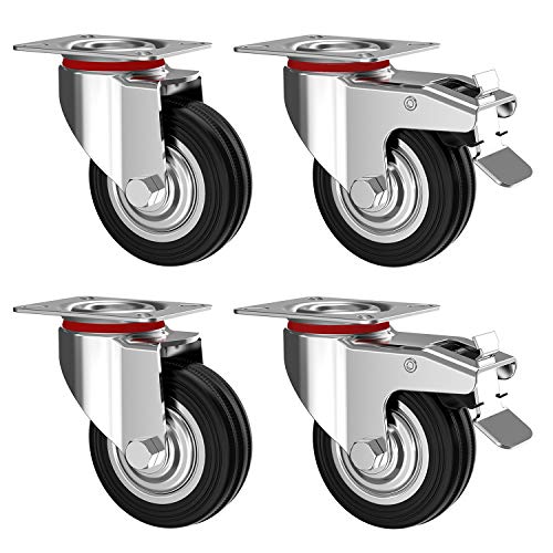 Nirox 4er Set Transportrollen 75 mm - Schwerlastrollen mit Bremse bis 50 kg pro Rad - Lenkrollen für innen und außen - Industrierollen aus Vollgummi - Lautlose Gummirollen
