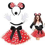 Cazoke Damen Maus Mouse Kostüm Tüllrock Rot Tutu mit weißen Polka Dots Frauen Rock mit,Maus Ohren,Schwanz,Maus Nase,Handschuhe,Bänder für Karneval Thema Party Cosplay Party Faschingskostüme