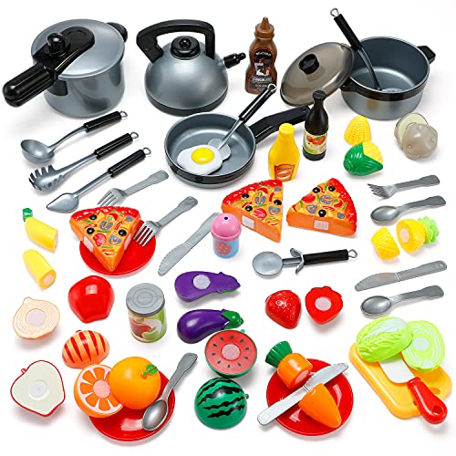 Küchenspielzeug 45 PCS, Theefun Kinderküchen Spielzeugset, Obst Gemüse Lebensmittel Küche Rollenspielzeug für Kinder, Kochgeschirr Töpfe und Pfannen Set Lernspielzeug Geschenk