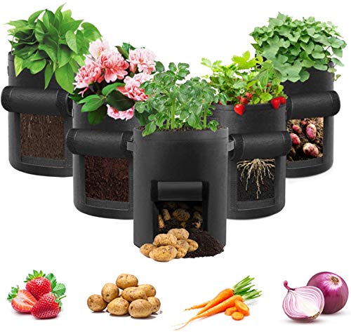 LITLANDSTAR Potato Grow Bag, 5-Pack 10 Gallonen Vegetable Grow Plant Bags mit Sichtfenster und Griffen für Gemüse, Obst, Blumen, Kartoffel (Schwarz)