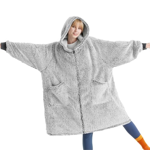 BEDSURE Hoodie Decke mit Ärmeln - Sherpa Deckenpullover mit Reißverschluss und Kapuze Grau, Tragbare Kuschel als Geschenke für Damen Herren, weich flauschig Sweatshirt Erwachsene