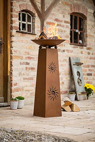Deko-Säule Sonne + Feuerschale aus Metall in Rost-Optik, Feuerkorb, Feuerstelle, Garten-Deko
