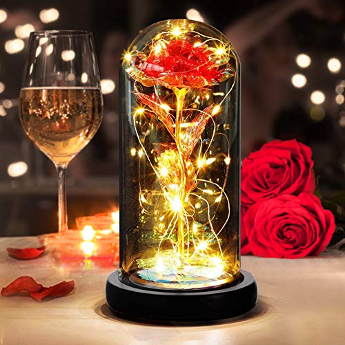 SANBLOGAN Rose Geschenk Kit, Ewige Rose im Glas LED Licht Schönheit und das Biest Rose Kit Gold Rose Geschenk in Glaskuppel für Hauptdekor Valentinstag Jubiläum Muttertag Weihnachten Hochzeit (Rot)