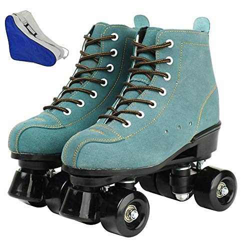 XUDREZ Rollschuhe für Damen und Herren, klassische 4-Räder, Rollschuhe aus Leder, zweireihige Skates für drinnen und draußen, Unisex, Erwachsene mit Tasche (Blau, 39)