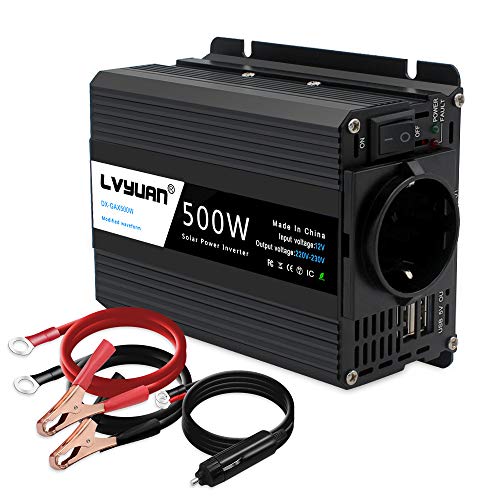 LVYUAN 500W Wechselrichter DC 12 V auf 230V AC Spannungswandler Auto Konverter 12 V mit Dual USB Ports & EU-Steckdosen Kfz-Ladegerät-Adapter