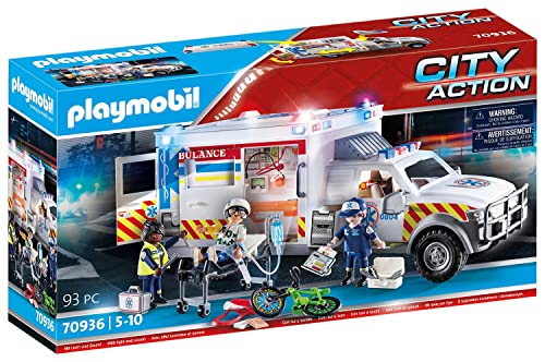 PLAYMOBIL City Action 70936 Rettungs-Fahrzeug: US Ambulance, Mit Licht und Sound, Spielzeug für Kinder ab 5 Jahren