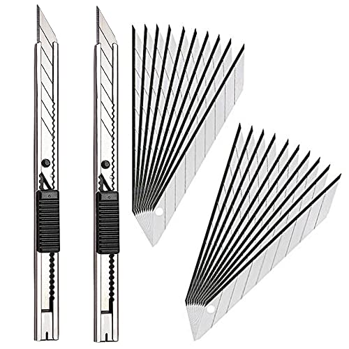 Gebildet 2pcs Edelstahl Cuttermesser mit 20pcs 9mm Abbrechklingen / 30 Grad Folienmesser/Profi Teppichmesser/Grafikmesser/optimal für Folien,Tapete, Bastelarbeiten, Kartons