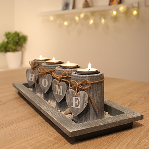 Teelichthalter-Set Holz Tablett Landhaus Tischdekoration Windlicht Weihnachtsdekoration innen
