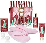 BRUBAKER Cosmetics Bade- und Dusch Set Winter Beeren Duft - 6-teiliges Geschenkset mit extra weichen Plüsch Hausschuhen rosa - Weihnachtsset für Freundin