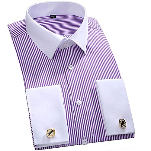 wsxcfyjh T Shirts Hemd Männer Slim Fit Manschettenknöpfe Hemd Langarm Baumwolle Männliches Smokinghemd Formale Herrenhemden-Purple_Striped_Asian_L