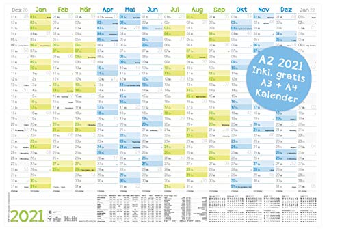 Wandkalender 2021 A2 (59 x 42 cm) für 14 Monate Dez 2020 - Jan 2022 | Wandplaner mit Ferien- und Feiertage-Übersicht, FSC®-Papier, gefalzt + extra A3 & A4 Kalender!