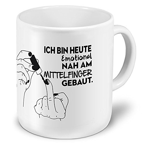 printplanet XXL Riesen-Tasse mit Spruch: Ich Bin Heute Emotional nah am Mittelfinger gebaut. - Kaffeebecher, Sprüchebecher Becher, Mug