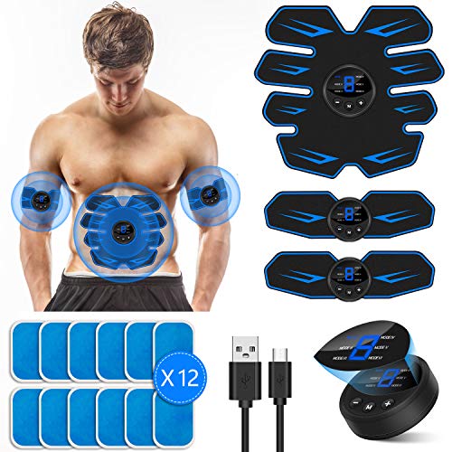 VARNIC EMS Trainingsgerät, EMS Bauchmuskeltrainer USB-Wiederaufladbarer Tragbarer Muskelstimulator,für Bauch,Arm,Bein-Fitness Trainings Gang(Geschken 12Stk Gel Pads) (blau)