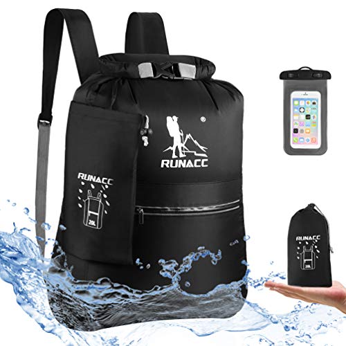 RUNACC Dry Bag Rucksack Wasserdicht Taschen Packsack 20L Schwimmender Trockensack mit Wasserdichter Handytasche für Strand, Kajak, Camping, Bootfahren, Schwimmen, Angeln, Wandern