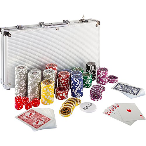GAMES PLANET Pokerkoffer, 300 12g Laser-Chips mit Metallkern, Koffer aus Aluminium, Silver oder Black Edition, bestehend aus 2X Pokerdecks, Dealer Button, 5 Würfel - Auswahl: Silver Edition