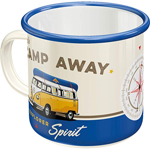 Nostalgic-Art, Retro Emaille-Tasse, Volkswagen Bulli T1 – Let's Camp Away – Geschenk-Idee für VW Bus Fans, Camping-Becher, Vintage Design, 360 ml