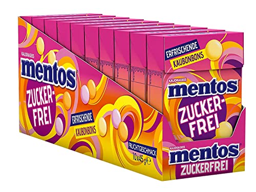 Mentos Fruit-Zuckerfrei, 10 x 45g Böxli, Frucht-Kaubonbons mit Orange + Zitrone + Erdbeere Geschmack