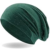 Hatstar Damen Beanie Mütze | mit edler Strass Nieten Applikation | Mädchen Mütze | elastisches Slouch Long Beanie | leicht und weich (grün meliert)