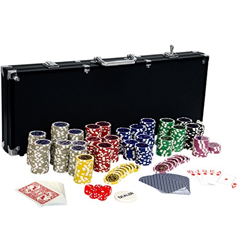 Ultimate Black Edition Pokerset, 500 hochwertige 12 Gramm METALLKERN Laserchips, 100% PLASTIKKARTEN, 2x Pokerdecks, Alu Pokerkoffer, 5x Würfel, 1x Dealer Button, Poker, Set, Pokerchips, Koffer, Jetons