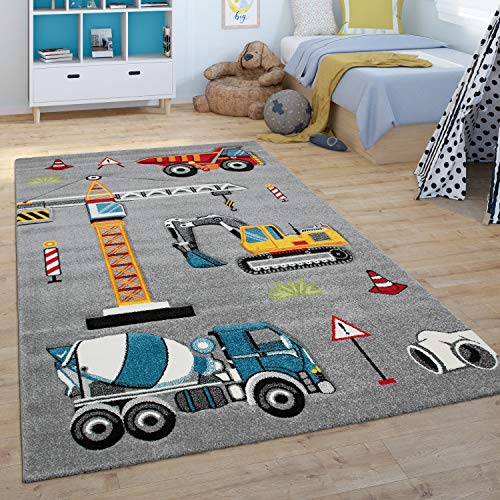 Paco Home Kinder-Teppich, Spiel-Teppich Für Kinderzimmer, Bagger, Kran, Baustelle, Grau, Grösse:120x170 cm