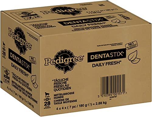 Pedigree DentaStix Daily Fresh Zahnpflegesnack für mittelgroße Hunde (10 -25 kg) – 112 Sticks – Hundeleckerli für jeden Tag – Für gesunde Zähne und einen frischen Atem – Großpackung (4 x 28 Stück)