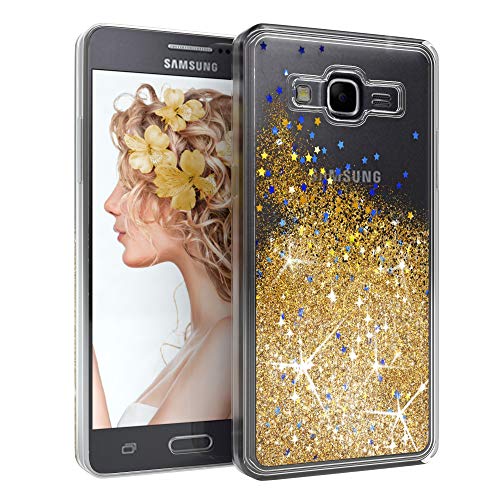 EAZY CASE Hülle kompatibel mit Samsung Galaxy Grand Prime Schutzhülle mit Flüssig-Glitzer, Handyhülle, Schutzhülle, Back Cover mit Glitter Flüssigkeit, aus TPU/Silikon, Transparent/Durchsichtig, Gold