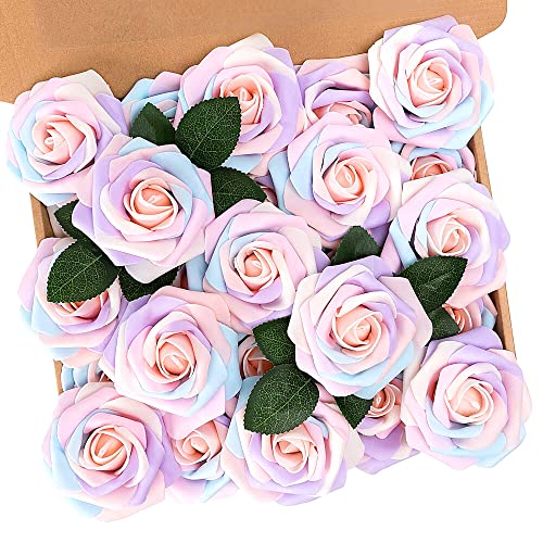 N&T NIETING Künstliche Rosen Blumen, 25 Stück Schaumrosen mit Stängel Regenbogen Gefälschte Blumen für DIY Hochzeit Blumensträuße Braut Zuhause Dekoration