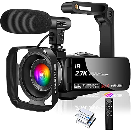 Camcorder 2.7K Videokamera 30MP IR Nachtsicht Camcorder 16X Digital Zoom Videokamera für YouTube mit Mikrofon, Gegenlichtblende und Handstabilisator
