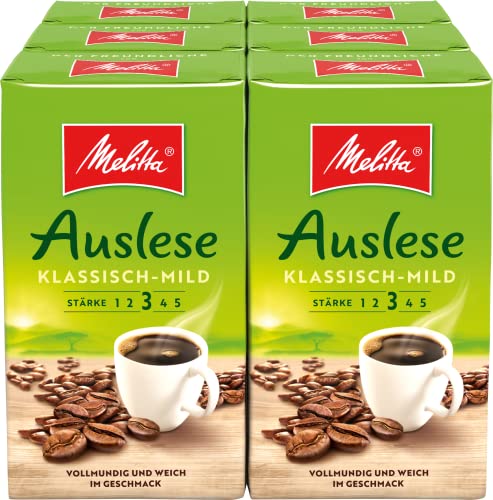 Melitta Gemahlener Röstkaffee, Filterkaffee, vollmundig und mild, Stärke 3, Auslese Klassisch Mild, 6er Pack (6 x 500 g)