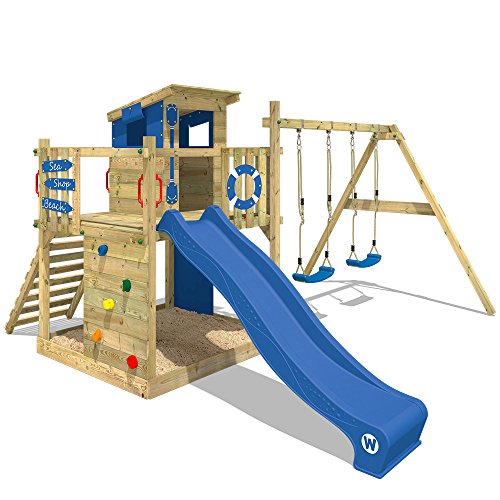 Wickey Spielturm Klettergerüst Outdoor Smart Camp mit Schaukel & Blauer Rutsche, Spielplatz für Garten - Baumhaus mit Sandkasten aus Holz für Kinder, Kletterleiter & Spiel-Zubehör