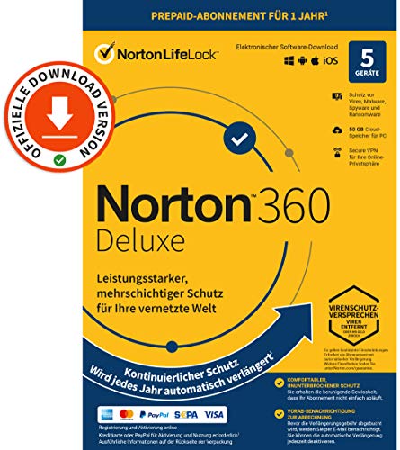 Norton 360 Deluxe 2022 | 5-Geräte | 1-Jahres-Abonnement mit Automatischer Verlängerung | Secure VPN und Passwort-Manager | PC/Mac/Android/iOS | Aktivierungscode per Email
