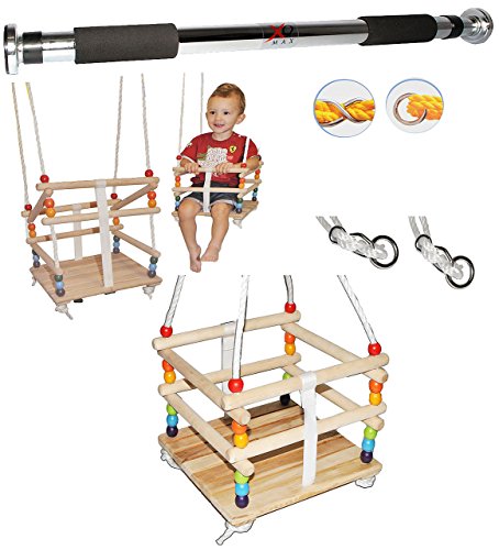 alles-meine.de GmbH 2 TLG. Set _ Gitterschaukel mit abnehmbaren Gurt + Türreck - Babyschaukel / Kinderschaukel - Leichter Einstieg ! - Schaukel aus Holz - mitwachsend & verstellb..