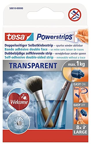 tesa Powerstrips transparent Deko - doppelseitige Klebestreifen für leichte Dekorationen, bis zu 1kg Haltekraft - selbstklebend, spurlos ablösbar - 1 x 8 Streifen