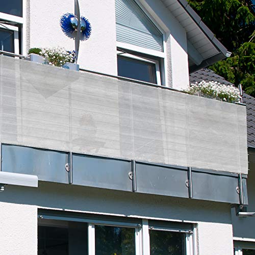 NYVI Balkon Sichtschutz ViewCover 90x1000 cm (2X 500 cm) Weiß Einfarbig - mit Befestigungsband - UV-Schutz, Windschutz, Leicht Transparent, Wetterfest - Balkonverkleidung 10m lang ohne Bohren