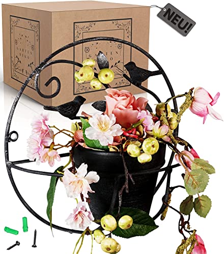 Caridano® Blumenampel Blumentopf Wand hängend Innen Außen - Wanddeko rustikal mit Metall Ring - Gartendeko Vintage – hängende Pflanzschale - Balkon Pflanztopf schwarz mit Vögeln - Hängedeko für Garten