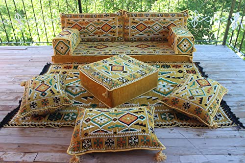 Gelbe Outdoor-Gartensofas, Bodenkissen, traditionelle Sofas, Lake House-Couch, marokkanische Sofas, Zweisitzer, arabische Majlis, modulares Sofa, gemütliches Terrassensofa (Sofa + Ottoman + Pillows)