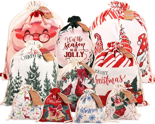 POPGIFTU 10 Geschenksäckchen zu Weihnachten - Geschenke nachhaltig einpacken, Weihnachten Tasche Weihnachtsmannsack mit Kordelzug, Santa Sack Xmas Geschenk Packtaschen