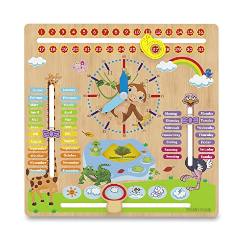 WoodyWood® Kalenderuhr für Kinder - Lernuhr aus Holz, zweisprachig, 30 X 30 cm - Montessori Jahresuhr zum Lernen der Uhrzeit, dem Datum, der Wochentage, Monate, Jahreszeiten und des Wetters