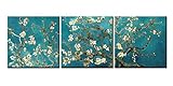 Van Gogh Blühende Mandelbaum Bilder Leinwand 3 Teilig Bild Blaugrün Wandbilder Wohnzimmer Moderne für Schlafzimmer Dekoration Wohnung Home Deko Kunstdruck