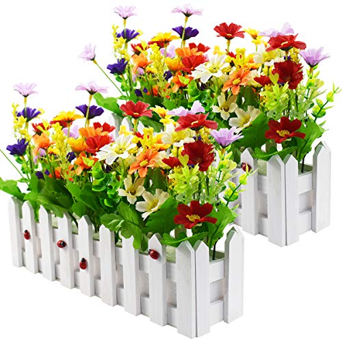 XONOR Künstliche Blumen-Pflanzen im Freien - Mischfarbe Gänseblümchen im Palisadenzauntopf für Innenbürogartenhochzeits-Hauptdekor-2 Sätze