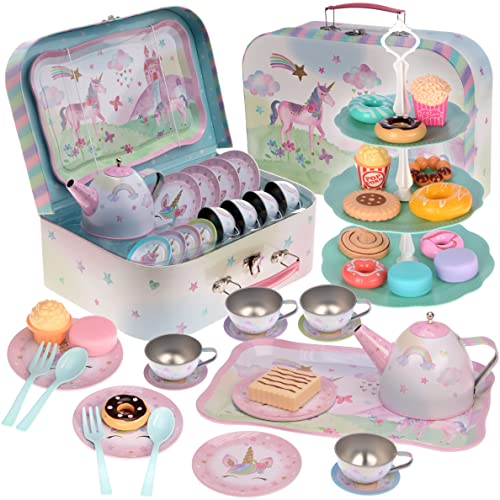 Jewelkeeper - 42-teiliges Teeservice Set für Junge Mädchen Zinn Tee Set Kinder + Lebensmittel und Tragekoffer Pretend Play - Party Einhorn Design