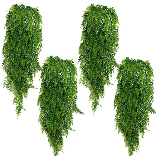 NA 4 Stück Künstlich Pflanzen Hängend Hängepflanzen Künstliche Kunstpflanze Farn grüne Blätter Grünpflanzen Plastikpflanzen 80cm für Draußen Balkon Wand Hochzeit Garten Deko (4)