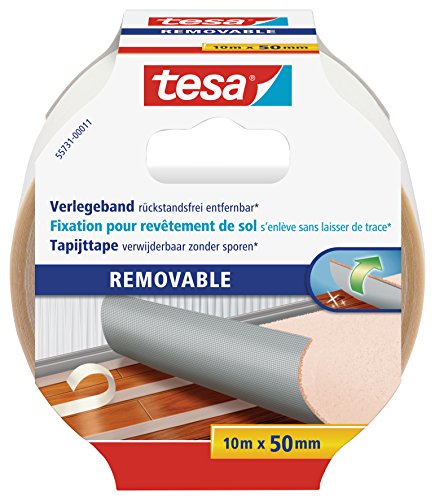 tesa Verlegeband rückstandsfrei entfernbar - Gewebeverstärktes, doppelseitiges Klebeband zum Verkleben von Teppich- und PVC-Bodenbelägen - 10 m x 50 mm