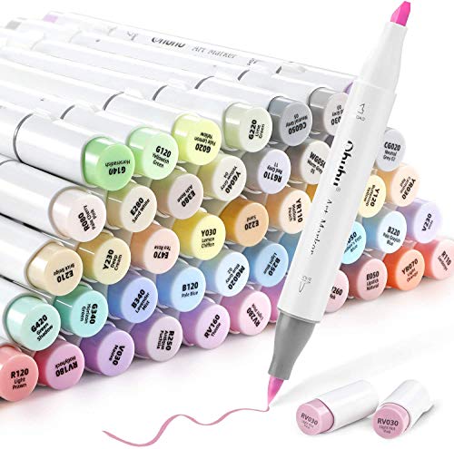Pinsel Marker Stift mit 48 Pastel Farben von Ohuhu, doppelseitige Farbspitze - grober Brush Marker für Entwürfe und Comics, feiner Pinsel zum Skizzieren, Kalligraphieren, Zeichnen und Illustrieren