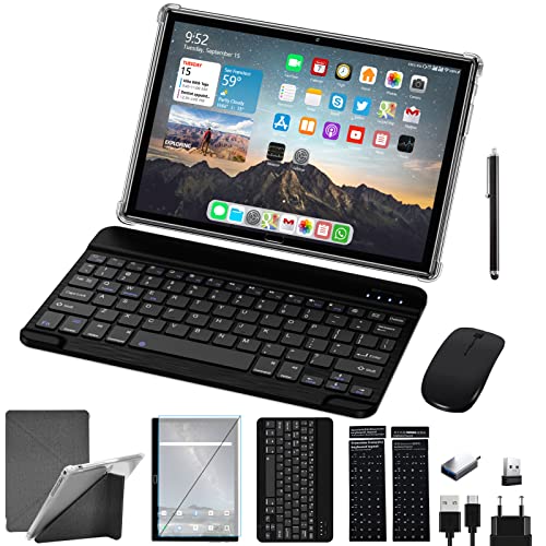 Tablet 10 Zoll Android 11 Tablett PC, 2 in 1 Telefon Tablet Okta Kern Prozessor, 1080P FHD 4GB+64GB Speicher 128GB TF 13MP Kamera 6000mAh mit Schutzhülle Tastatur Maus, Typ-c WiFi GPS (Schwarz)