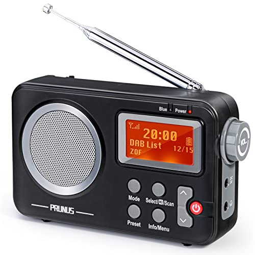 PRUNUS J-409 Klein Radio DAB/FM/UKW, Radio Batteriebetrieben Digitalradio mit Bluetooth, Weltempfänger Radio Kofferradio mit Netz, Preset-Funktion, LCD-Display, Doppel Alarm für Camping Wandern