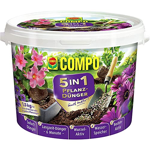 COMPO 5in1 Pflanz-Dünger und mehr für alle Zimmerpflanzen, Balkon- und Gartenpflanzen, 6 Monate Langzeitwirkung, 1,5 kg